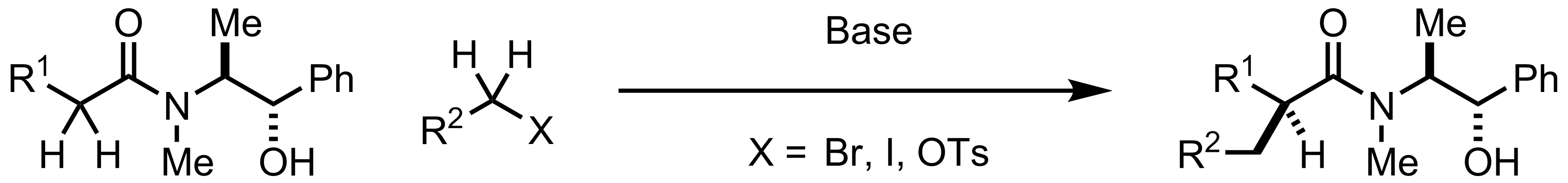 Schematic representation of the Myers Asymmetric Alkylation.